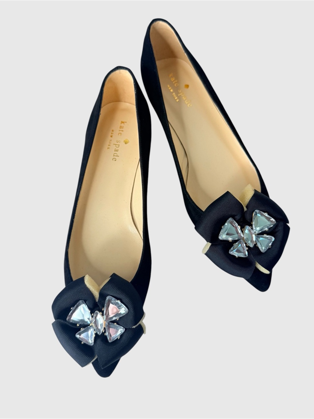 Kate Spade black suede flats with grosgrain jeweled bows - Picture 4 of 9